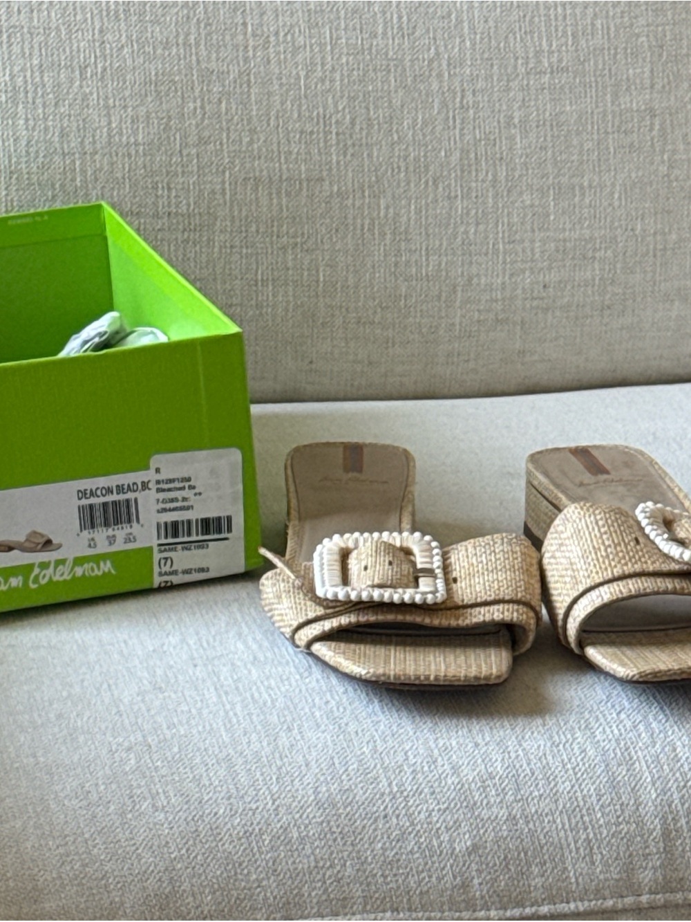 Sam Edelman Natural Beige Woven Men's Slide Sandals with Beaded Buckle